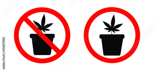 No cannabis pot. Flat vector icon. Cannabis, hemp pictogram. No medical marijuana leave for joint, smoking.