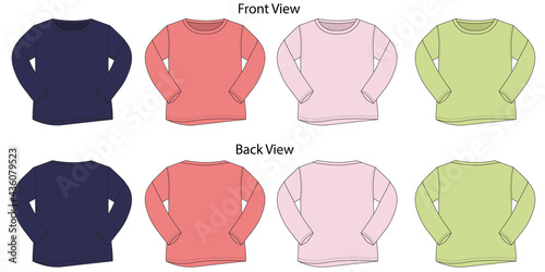 Girls promo long sleeve t-shirt front and back view. blank tee flat technical sketch drawing for cad.