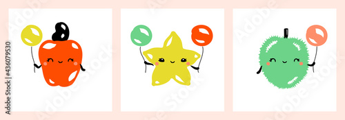 Kawaii characters of cashew apple, carambola and durian. Cute happy fruits with multicolored balloons. Vector illustration for greeting card, fabrics prints or poster