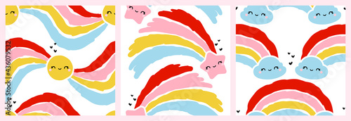 Set of cute seamless patterns with kawaii sun, star, cloud and rainbow. Creative vector design for funny wallpaper or cool packaging