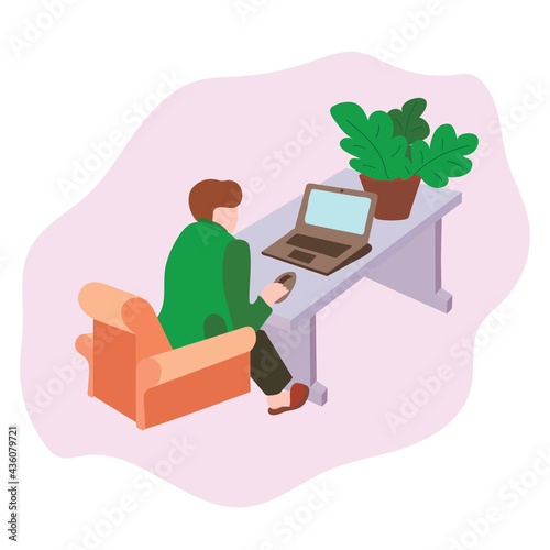 Cancept. Remote work at home. A woman is sitting in an armchair by a coffee table with a laptop. There is a houseplant on the table. Vectonray stock illustration. photo