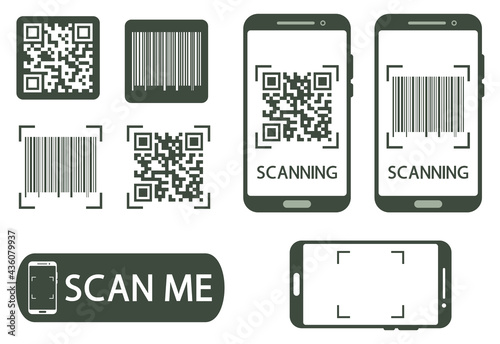 QR code verification concept. Machine-readable barcode on smartphone screen. The process of scanning QR and bar code. Inscription scan me with smartphone icon photo