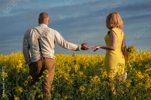 yellow field with rapeseed and people