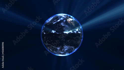 earth globe with glowing details and light rays. 3d illustration.