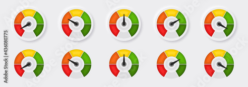 A set of buttons with a speedometer or tachometer. Symbol with a scale of performance measurement from red to green. Speed sign for applications, web sites and other internet resources. Vector element