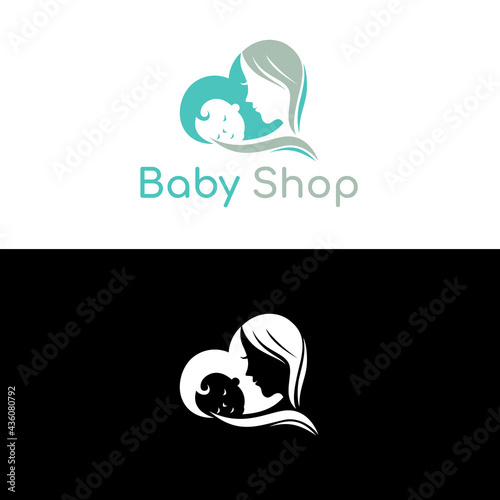 Mother and Baby vector art logo.Heart shape icon.Beautiful, tender mom and baby child holding.Motherhood illustration isolated on light background.Newborn embrace.