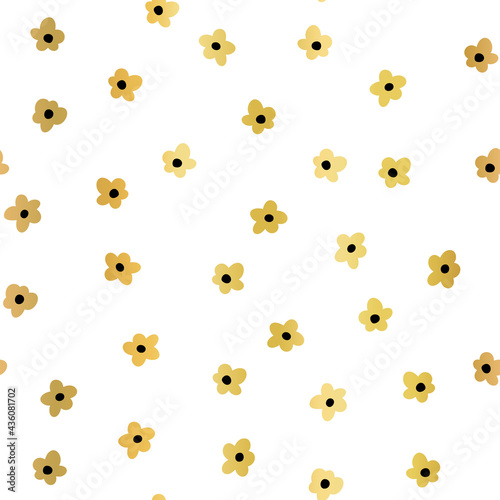 Gold foil ditsy flowers seamless vector background white. Floral repeating pattern small flowers. Elegant metallic golden Ditsy print. Seamless texture Surface pattern design .