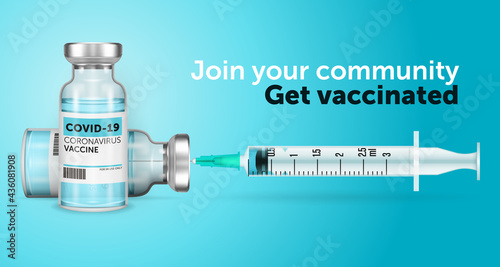 Covid 19 corona virus vaccine illustration with syringe - cover design style banner - get vaccinated ad on blue background