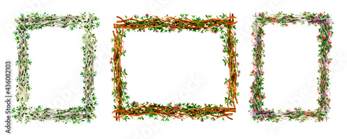 Frame for creating greeting cards. Set of plant frames for design and creativity. Frames drawn in watercolor. Decorative frame made of branches and flowers on a white background. © Алексей Панчин