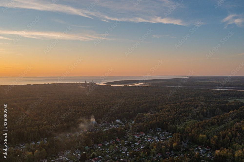 Estonia. Narva. May 16, 2021. Suburban areas. Sunset View from the top with a drone