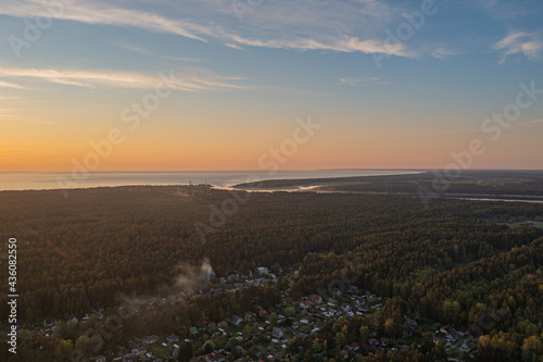 Estonia. Narva. May 16, 2021. Suburban areas. Sunset View from the top with a drone