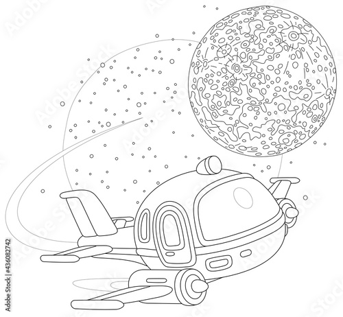 Toy spaceship flying around a small planet in space flight, black and white outline vector cartoon illustration for a coloring book page