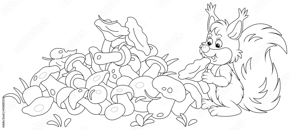Little squirrel mushroomer with a big pile of picked mushrooms on a summer forest glade, black and white outline vector cartoon illustration for a coloring book page