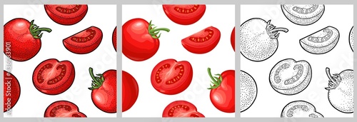 Seamless pattern fresh whole, half and slice tomato. Isolated on the white background.