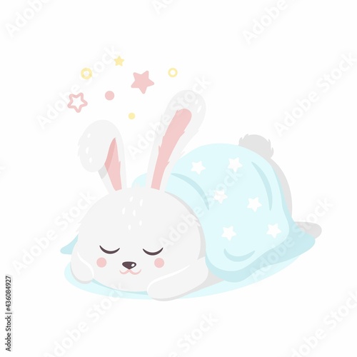 Funny rabbit sleeping covered by blanket vector flat illustration. Cute sleepy bunny lying down having sweet dream isolated on white. Childish colorful animal relaxing