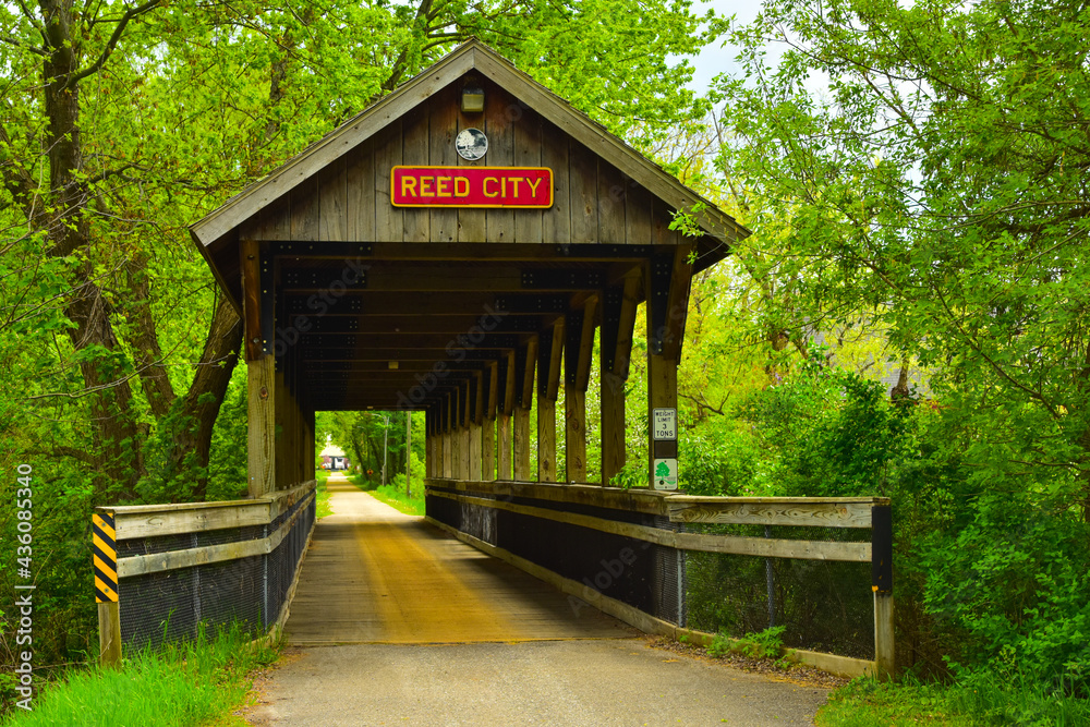 Covered wooden foot bridge over small peaceful creek in Reed City, Michigan.