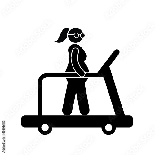 Obese young woman running on treadmill. Girl working out in sweat to get rid of fat belly. Flat style modern vector illustration.