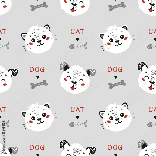 Vector Pets. Cute Little Cat and Funny Dog Seamless Pattern. Childish Background with Kitten and Puppy. Baby Animal Heads Drawing for Tee Print for Kids
