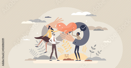 Strong community and connection between races and genders tiny person concept. Cooperation and strong union as partnership and solidarity symbol vector illustration. Infinity love, care and support. photo