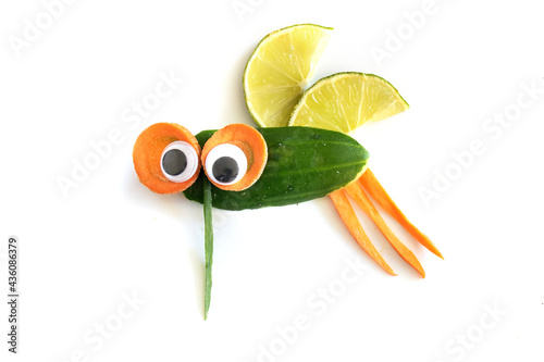 Food art creative concepts. Funny mosquito fly made of fruits and vegetables, such as carrots and cucumber isolated on a white background.