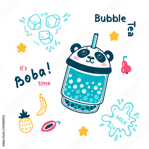 Bubble Tea Vector Menu Poster. Doodle Plastic Takeaway Cup Cute Panda Character. Summer Pearl Milk Beverage and Fruits, Ice Cubes, Splash of Milk. Boba tea Drink with Tapioca.