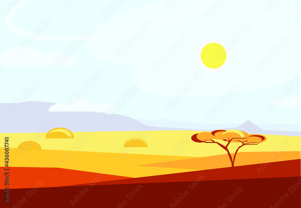 African savannah landscape at noon flat illustration.  Tree, grass, sky, sun and clouds. Cartoon vector style. Nature of Africa. Reserves and national parks. Safari and touristic places