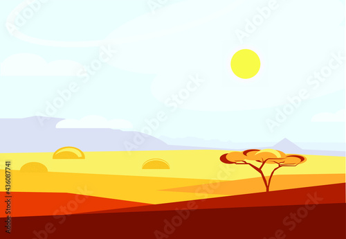 African savannah landscape at noon flat illustration.  Tree, grass, sky, sun and clouds. Cartoon vector style. Nature of Africa. Reserves and national parks. Safari and touristic places