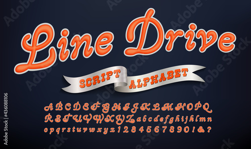 Line Drive is a baseball style script sports alphabet, with the effect of puff fabric printing or embroidery. Good for team insignias, logos, and sportswear branding.