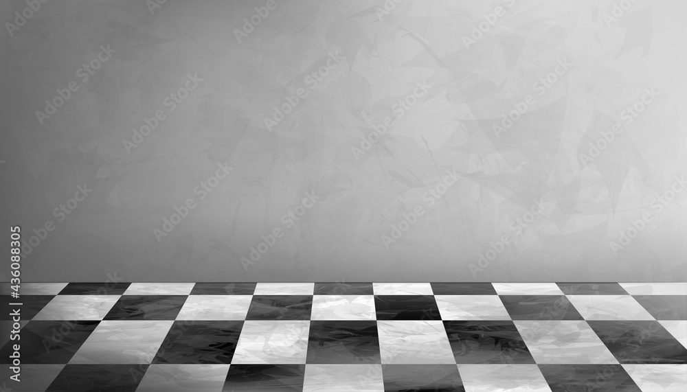 Empty Studio Room Background in Gray Cement Wall Texture with Black and White Checkered Pattern on Marble floor. Vector 3D backdrop holizon banner of Gallery with Copy space for product presents