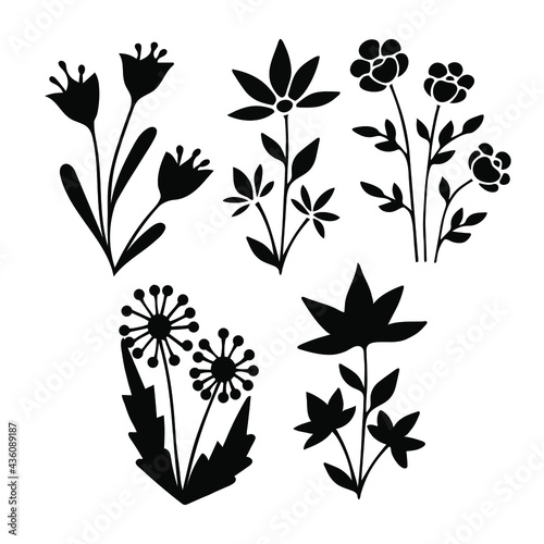 Wildflower silhouette line art set. Herbal and meadow plants, grass. Vector illustration isolated.