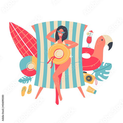 Young woman in bikini sunbathing lying on the beach. View from above. Isolated summer concept with sea vacation stuff. Vector flat cartoon illustration.