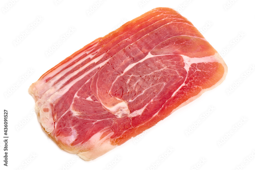 Spanish jamon iberico (serrano ham), isolated on white background. High resolution image. Spanish jamon iberico (serrano ham), isolated on white background. High resolution image.