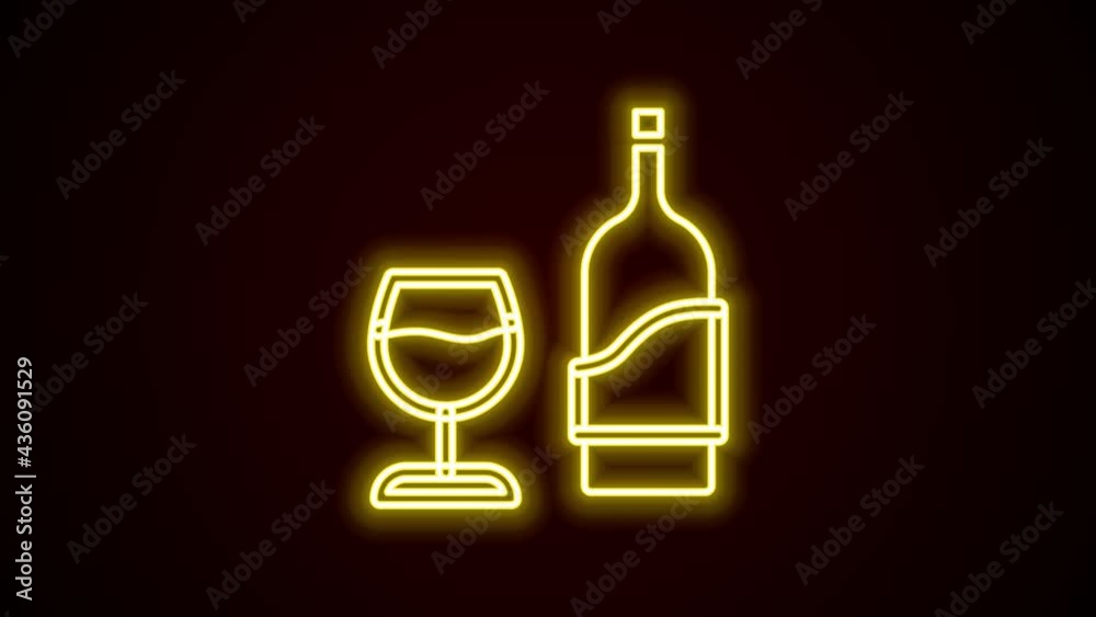 Glowing neon line Wine bottle with glass icon isolated on black background. 4K Video motion graphic animation Glowing neon line Wine bottle with glass icon isolated on black background. 4K Video motion graphic animation