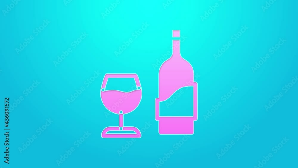 Pink line Wine bottle with glass icon isolated on blue background. 4K Video motion graphic animation Pink line Wine bottle with glass icon isolated on blue background. 4K Video motion graphic animation
