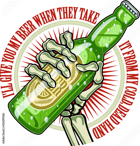 human skeleton hand holding beer bottle