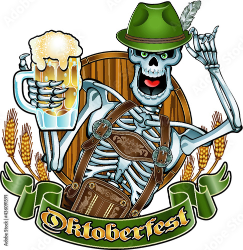 skeleton in oktoberfest outfit holding beer glass