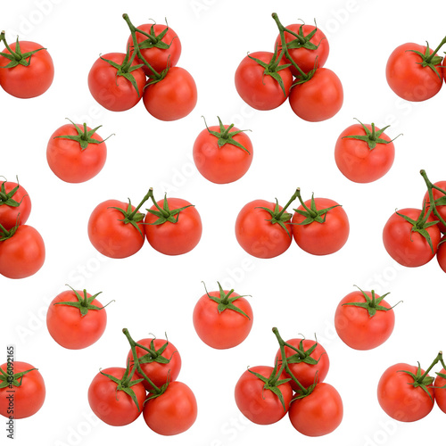Pattern composed of red tomatoes. Some tomatoes are linked to each other by stalks