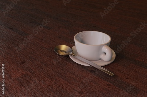 3d illustration of empty coffee cup with metal spoon on wooden table