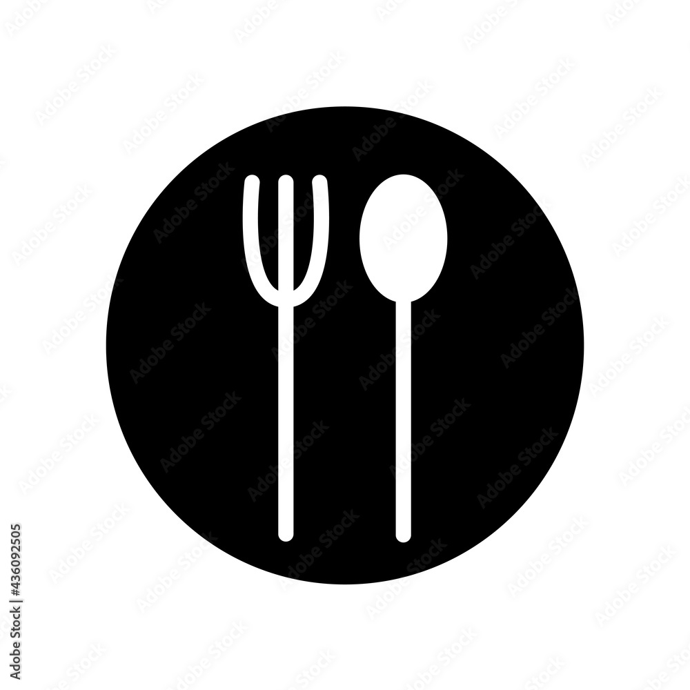 Silhouette plate, fork and spoon for lunch. Flat round black and white icon Silhouette plate, fork and spoon for lunch. Flat round black and white icon