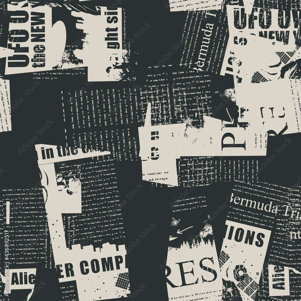 Abstract seamless pattern with fragments of newspaper and magazine pages. Monochrome vector background with illegible text, titles and illustrations in grunge style. Wallpaper, wrapping paper, fabric