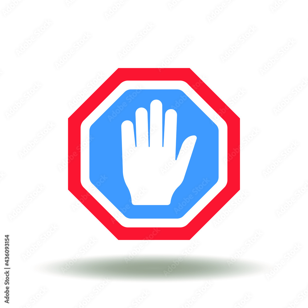 Obraz premium Road sign with stop hand vector illustration. Stop, ban, prohibition symbol. Sanctions icon.