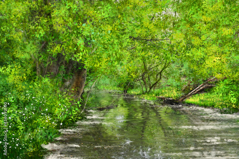 Fototapeta premium Masterpiece, oil paintings rural landscape with trees and water, river. Summer landscape, artwork, fine art.