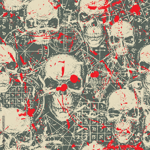 Abstract seamless pattern with hand-drawn human skulls, goat head, blood stains, occult and ritual symbols on a dark backdrop. Vector grunge background on the theme of occultism, satanism, black magic
