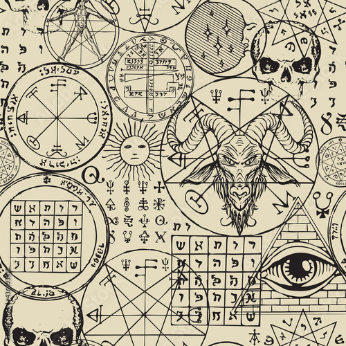 Abstract seamless pattern with hand-drawn goat head, all-seeing eye, human skulls, vitruvian man, masonic and esoteric symbols on an old paper backdrop. Monochrome vector background in retro style © paseven