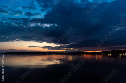Russia. May 16  2021. Cloudy sky before dawn on Sukhodolsky lake.