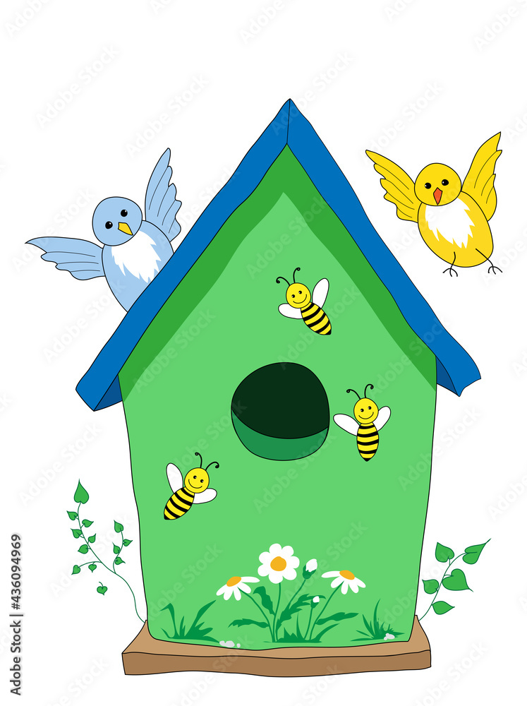 Vecteur Stock Vogel Häuschen, Nistkasten mit Vögel, Bienen und Blumen,  Vektor Illustration isoliert auf weißem Hintergrund | Adobe Stock