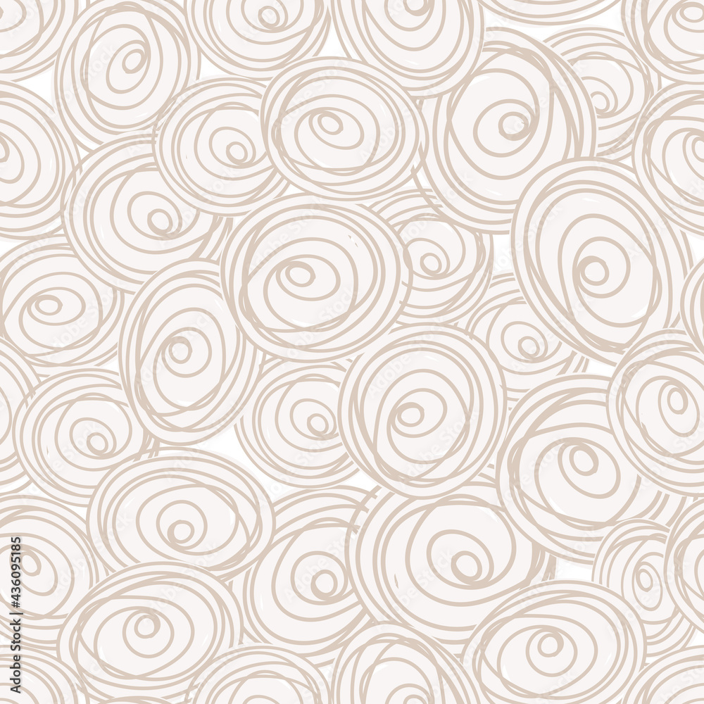 Seamless pattern with child doodle roses. Pattern with golden beige swirls on a light backdrops. Can be used for textile prints, cards, wrapping paper. Vector illustration, eps 10.