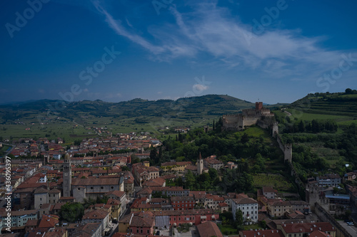 Soave castle aerial view, province of Verona, Italy. Aerial panorama of Italy castles. The famous medieval castle on the hill.