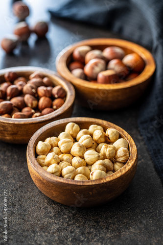 Peeled roasted hazelnut kernels.