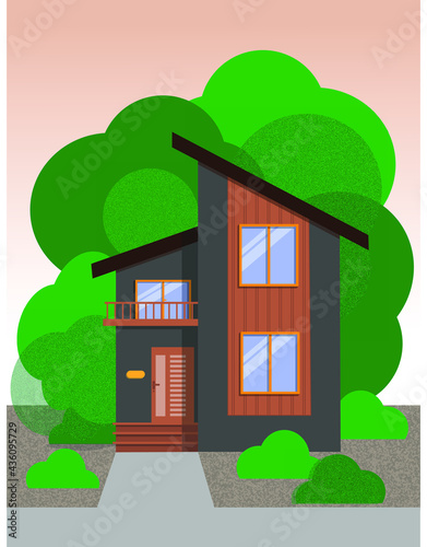 House facade. Dark grey two floor cottage with wooden decoration and balcony, modern architecture. Green trees on background. Idea of real estate. Isolated flat illustration vector 